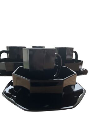 Vintage Arcoroc Octime Black Dinnerware | 16-Piece Set French MCM Art Deco